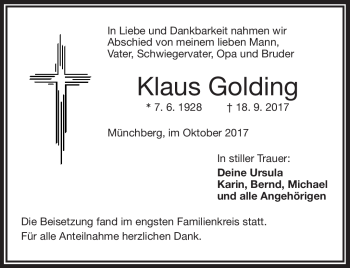 Traueranzeige von Klaus Golding von Frankenpost
