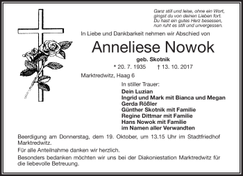 Traueranzeige von Anneliese Nowok von Frankenpost