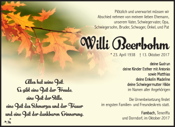Traueranzeige von Willie Beerbohm von Südthüringer Presse