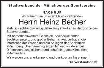 Traueranzeige von Heinz Becher von Frankenpost