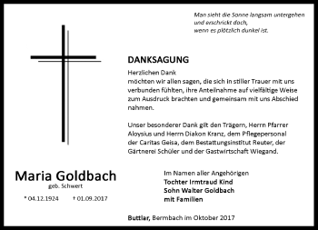 Traueranzeige von Maria Goldbach von Südthüringer Presse