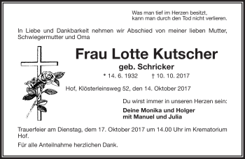 Traueranzeige von Lotte Kutscher von Frankenpost