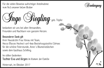 Traueranzeige von Inge Siegling von Südthüringer Presse