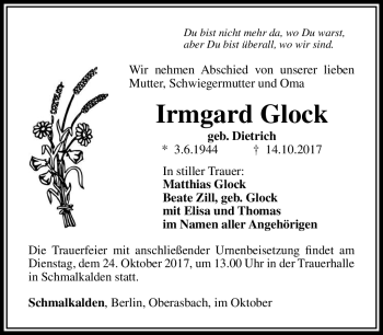 Traueranzeige von Irmgard Glock von Südthüringer Presse