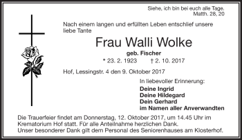 Traueranzeige von Walli Wolke von Frankenpost