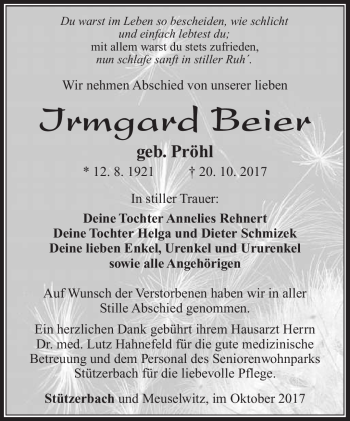 Traueranzeige von Irmgard Beier von Südthüringer Presse