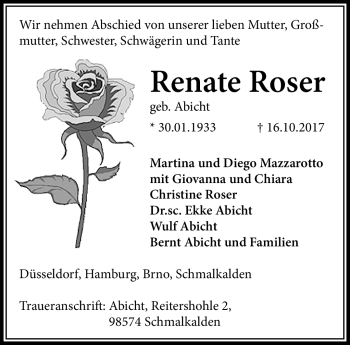 Traueranzeige von Renate Roser von Südthüringer Presse