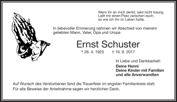 Traueranzeige von Ernst Schuster von Frankenpost