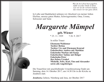 Traueranzeige von Margarete Mämpel von Südthüringer Presse
