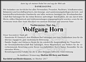 Traueranzeige von Wolfgang Horn von Südthüringer Presse