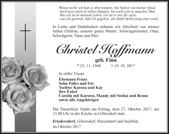 Traueranzeige von Christel Hoffmann von Südthüringer Presse