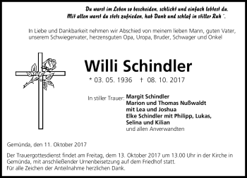 Traueranzeige von Willi Schindler von Neue Presse Coburg