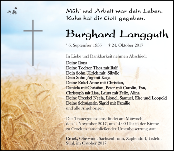 Traueranzeige von Burghard Langguth von Südthüringer Presse