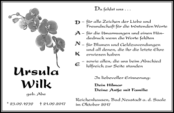 Traueranzeige von Ursula Wilk von Südthüringer Presse
