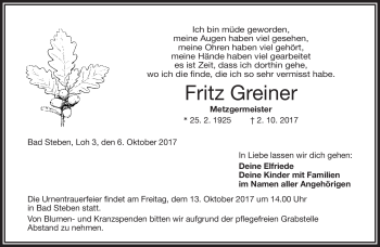 Traueranzeige von Fritz Greiner von Frankenpost