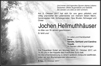 Traueranzeige von Jochen Hellmuthhäuser von Südthüringer Presse