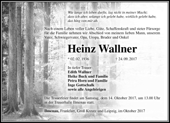 Traueranzeige von Heinz Wallner von Südthüringer Presse