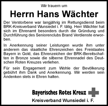 Traueranzeige von Hans Wächter von Frankenpost
