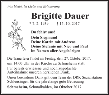 Traueranzeige von Brigitte Dauer von Südthüringer Presse