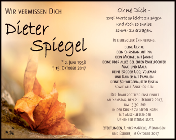 Traueranzeige von Dieter Spiegel von Südthüringer Presse