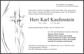 Traueranzeige von Karl Kaufenstein von Frankenpost