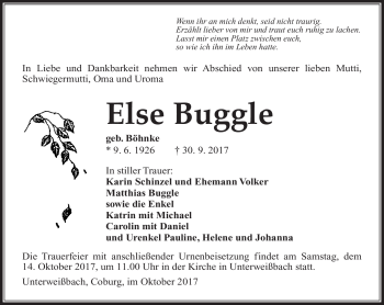 Traueranzeige von Else Buggle von Südthüringer Presse