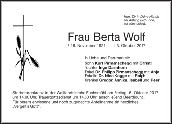 Traueranzeige von Berta Wolf von Frankenpost
