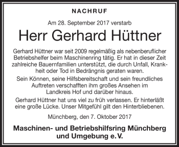 Traueranzeige von Gerhard Hüttner von Frankenpost