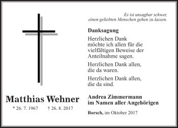 Traueranzeige von Matthias Wehner von Südthüringer Presse