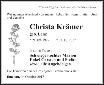 Traueranzeige von Christa Krämer von Südthüringer Presse