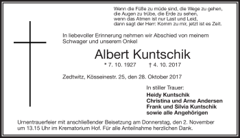 Traueranzeige von Albert Kuntschik von Frankenpost