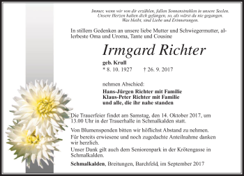Traueranzeige von Irmgard Richter von Südthüringer Presse