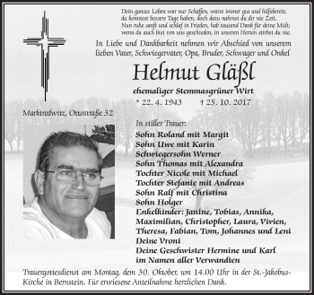 Traueranzeige von Helmut Gläßl von Frankenpost