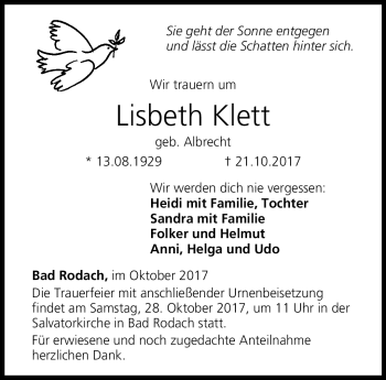 Traueranzeige von Lisbeth Klett von Neue Presse Coburg