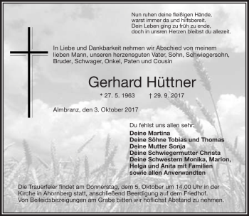 Traueranzeige von gerhard Hüttner von Frankenpost