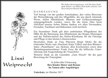 Traueranzeige von Lissi Weiprecht von Südthüringer Presse