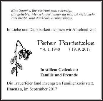 Traueranzeige von Peter Partetzke von Südthüringer Presse