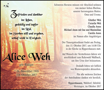 Traueranzeige von Alice Weh von Südthüringer Presse