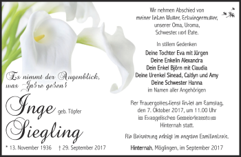 Traueranzeige von Inge Siegling von Südthüringer Presse