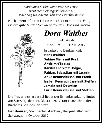 Traueranzeige von Dora Walther von Südthüringer Presse