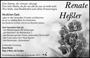 Traueranzeige von Renate Heßler von Südthüringer Presse