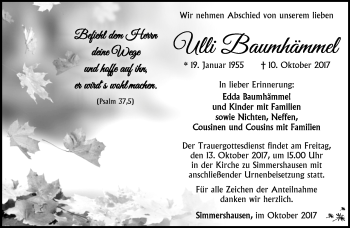 Traueranzeige von Hans-Ullrich Baumhämmel von Südthüringer Presse