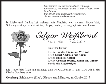 Traueranzeige von Edgar Weißbrod von Südthüringer Presse