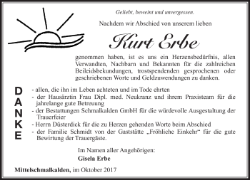 Traueranzeige von Kurt Erbe von Südthüringer Presse