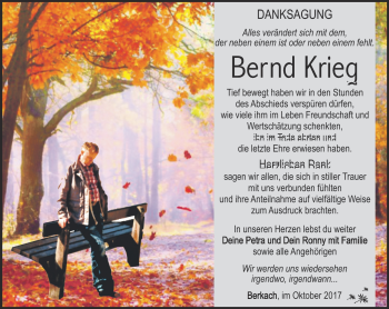 Traueranzeige von Bernd Krieg von Südthüringer Presse
