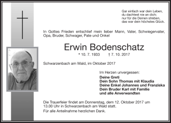 Traueranzeige von Erwin Bodenschatz von Frankenpost