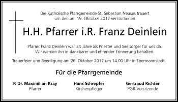 Traueranzeige von Franz Deinlein von Neue Presse Coburg