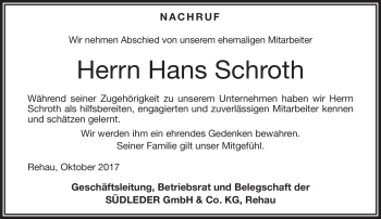 Traueranzeige von Hans Schroth von Frankenpost