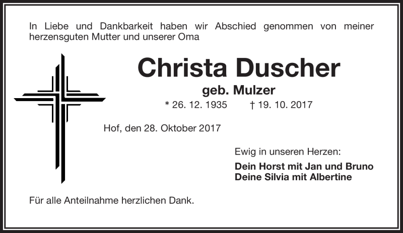  Traueranzeige für Christa Duscher vom 28.10.2017 aus Frankenpost