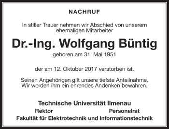 Traueranzeige von Wolfgang Büntig von Südthüringer Presse